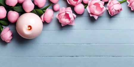 Pink tulips and candle on a blue wooden background. Space for text.の素材