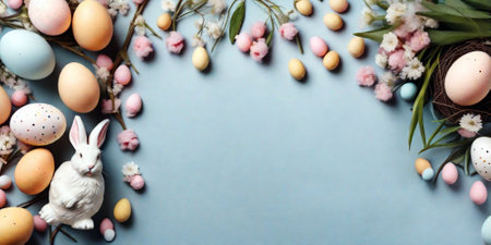 Easter eggs and spring flowers on blue background. Top view, copy spaceの素材