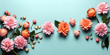 Flowers composition. Frame made of beautiful flowers on color background, top viewの素材