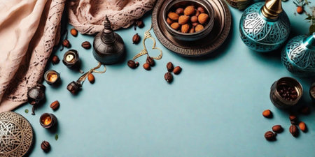 Ramadan Kareem background with arabic lanterns, coffee beans and dates.の素材