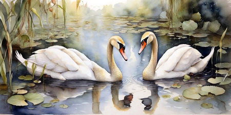 Beautiful white swans on the lake in the park. Watercolor paintingの素材