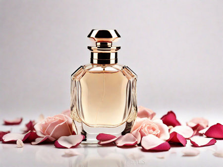 Perfume bottle with rose petals on a white background.の素材