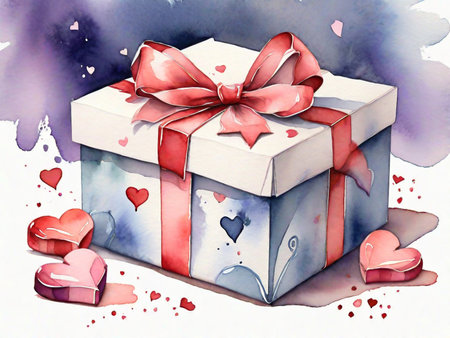 Gift box with hearts. Watercolor painting on a white backgroundの素材