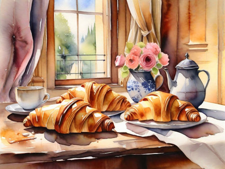 Breakfast with coffee and croissants. Watercolor painting.の素材