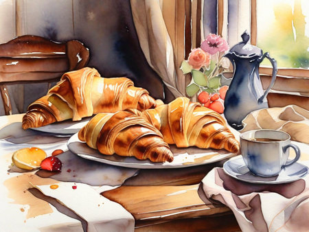 Breakfast with coffee and croissants in the morning. Watercolor paintingの素材