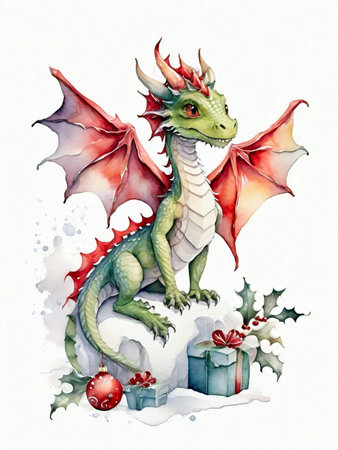 Watercolor illustration of a dragon with gifts and Christmas balls.の素材