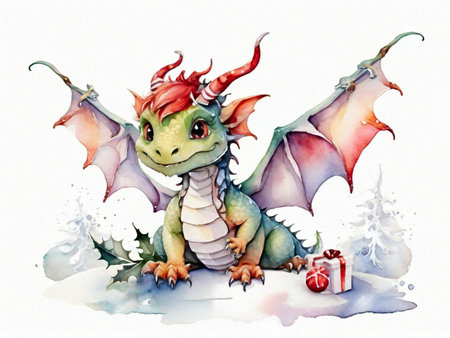 Fairy tale dragon with gift box and christmas tree in the snowの素材