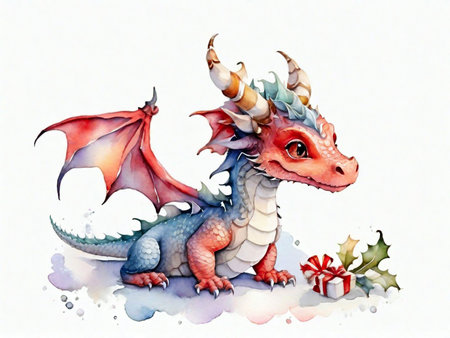 Watercolor dragon with gift on white background. Hand drawn illustration.の素材