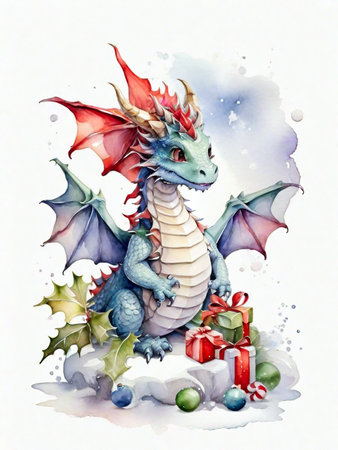 Watercolor illustration of a cute dragon with gifts on a white backgroundの素材