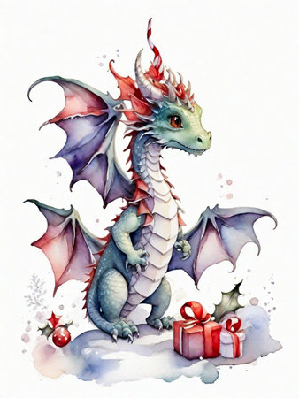 Watercolor illustration of a dragon with gift box on white background.の素材