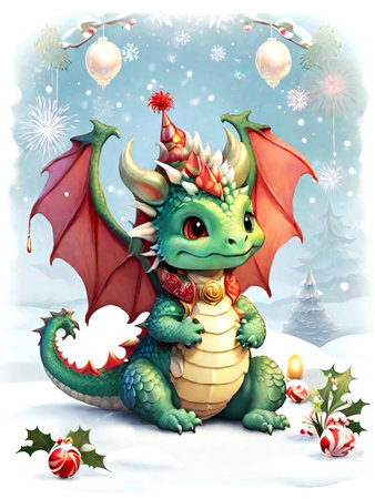 Watercolor illustration of a dragon with Christmas gifts on a white backgroundの素材
