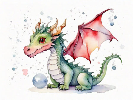 watercolor illustration of a dragon on a white background with bubbles.の素材