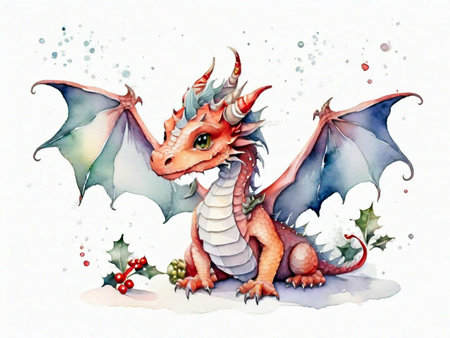 Watercolor illustration of a cute fantasy dragon isolated on white background.の素材