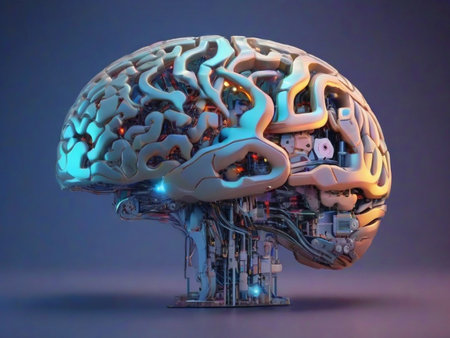 3D rendering of an artificial intelligence brain in a futuristic environment.の素材