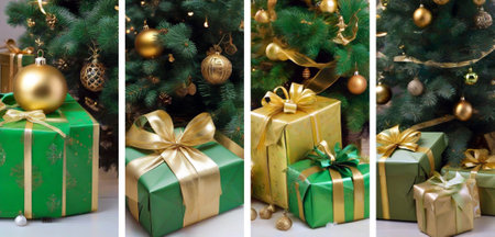 Set of Christmas and New Year decorations. Decorated Christmas tree with gold and green gifts.の素材
