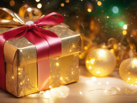 Gift box with golden bow on bokeh lights background.の素材