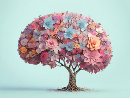 Beautiful tree with flowers in pastel colors, 3d renderingの素材