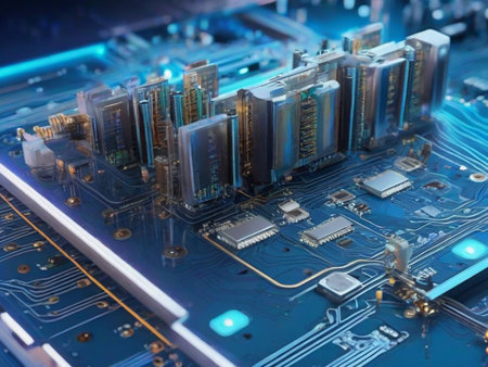 Close-up of electronic circuit board with electronic components. technology backgroundの素材