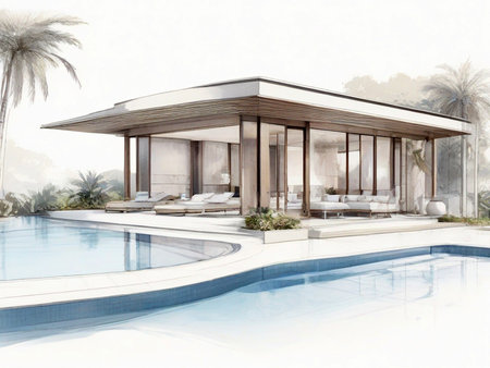 3d rendering of modern cozy house with pool and parking for sale or rentの素材