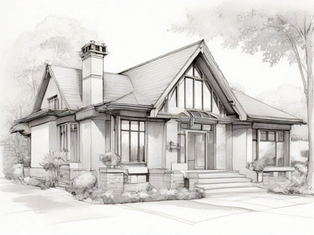 3d rendering of modern cozy chalet with garage for sale or rent. Black line sketch on white background.の素材