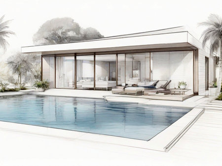 3d rendering of modern cozy house with pool and parking for sale or rentの素材