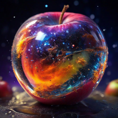 Fantasy apple in a glass sphere with space and stars inside.の素材