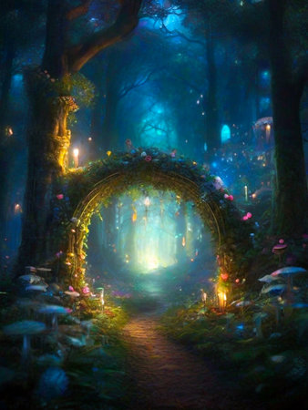 Mystical scene in the forest at night with light coming through the archの素材