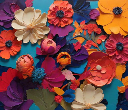Colorful paper flowers on a blue background. Flat lay, top view.の素材