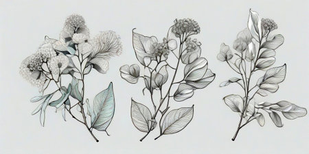 Eucalyptus branches and leaves. Hand drawn botanical illustration.の素材