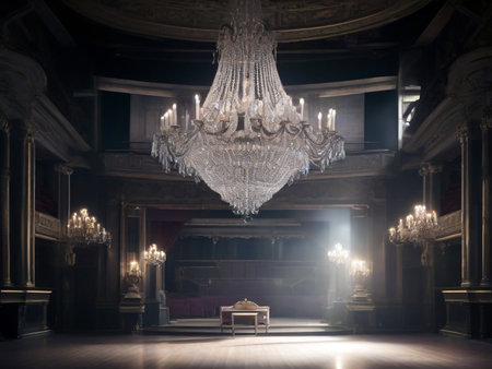 interior of the old theater with a chandelier and a chairの素材