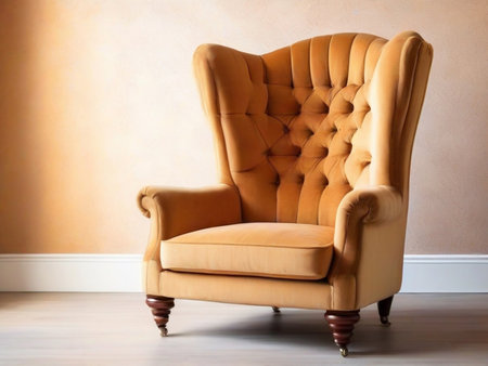 Vintage armchair in room with beige wall and wooden floorの素材