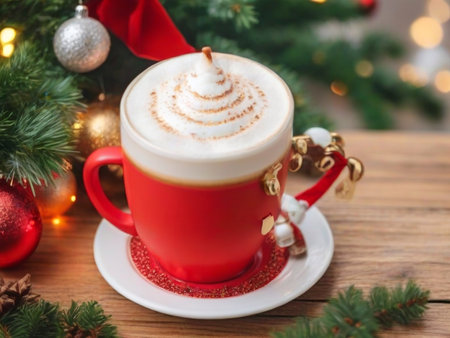 Cappuccino in red cup with christmas tree on backgroundの素材