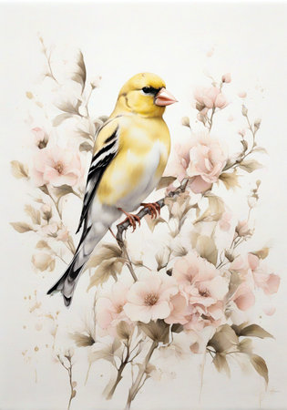 Watercolor painting of a goldfinch on a branch with flowersの素材