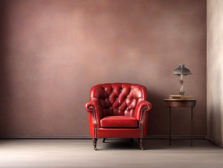 Luxury red leather armchair in front of a brown wallの素材