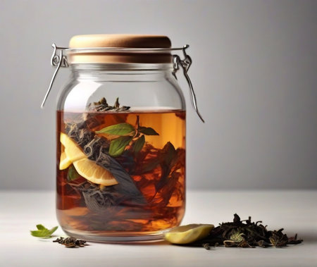 Glass jar of black tea with lemon and mint on a white tableの素材