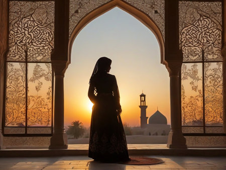 Silhouette of muslim woman praying in mosque at sunset.の素材