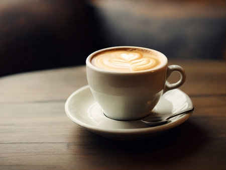 Coffee cup on wooden table in coffee shop, stock photoの素材
