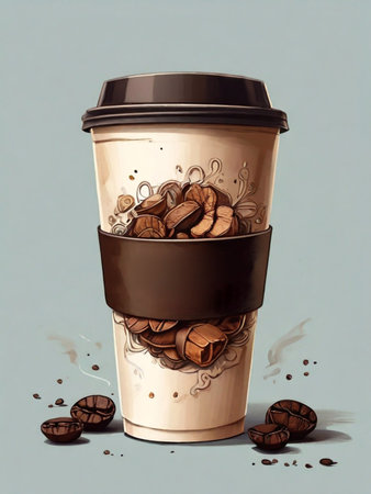 Coffee cup with coffee beans on a blue background, illustrationの素材