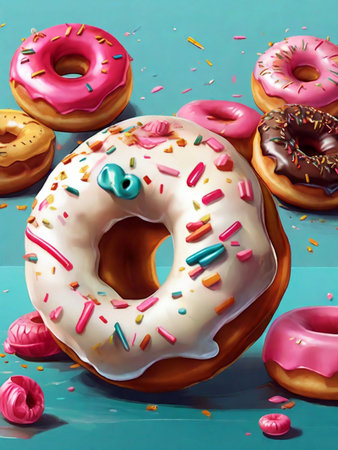 Donuts with sprinkles on blue background. 3d illustration.の素材