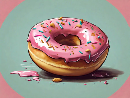 Donut with pink glaze and sprinkles on a colorful backgroundの素材