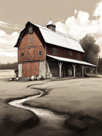 Digital painting of an old wooden barn in a rural landscape. Vintage stylization.の素材