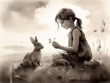 Girl and rabbit in the meadow. Black and white image.の素材