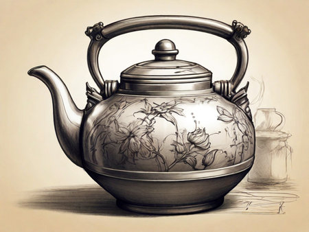 Vintage teapot with floral ornament. Hand drawn illustration.の素材