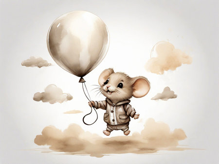 Illustration of a cute little mouse with a balloon in the skyの素材