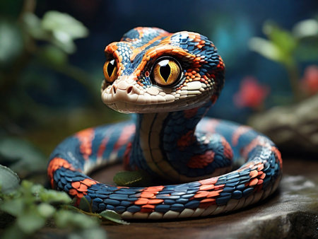 Close-up of a colorful snake in the garden. Animal theme.の素材