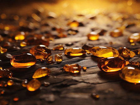 Close-up of amber stones on wooden table. Abstract background.の素材