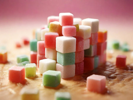 colorful candies on a wooden table, closeup of photoの素材