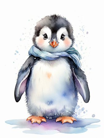 Cute cartoon penguin with blue scarf. Watercolor illustration.の素材