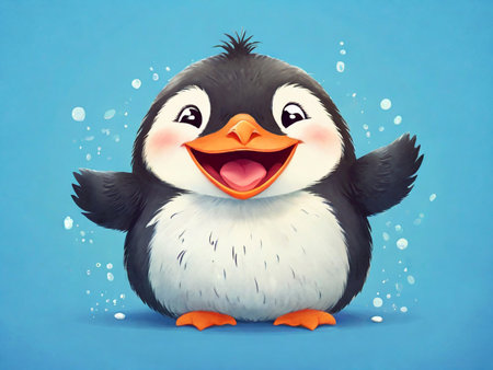Cute penguin on a blue background. Cartoon vector illustration.の素材