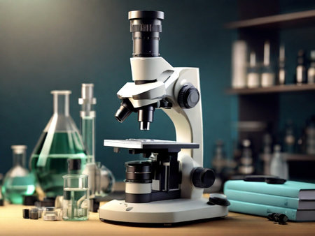 Microscope and laboratory equipment on table, science research and development conceptの素材